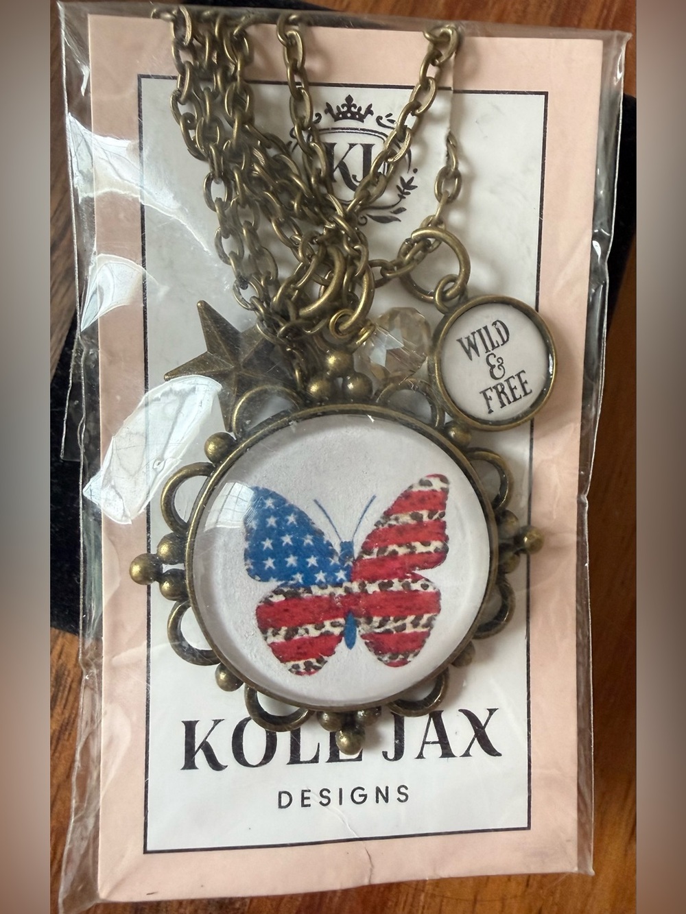 Kole Jax Bronze Butterfly Pendant Necklace Patriotic Flag Red White & Blue Charm